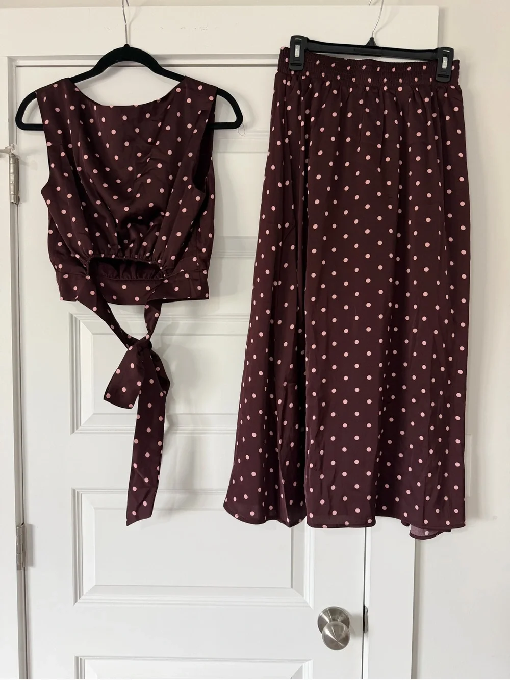 Commense Polka Dot Two Piece Brown Top and Skirt Set - Picture 5 of 6